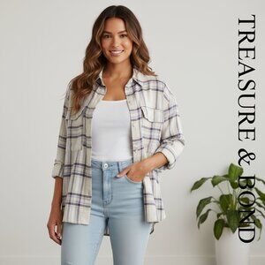 Treasure & Bond Boxy Plaid Flannel Button-Up Shirt NWT Cream Small
